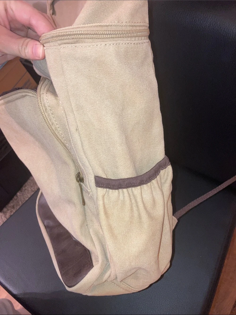Portage Unisex Beige Canvas Backpack with Brown Trim